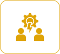Two figures, gear and lightning bolt icon.