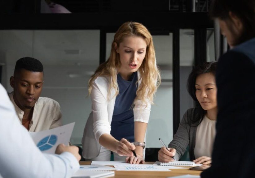 Team collaborating during a business meeting.
